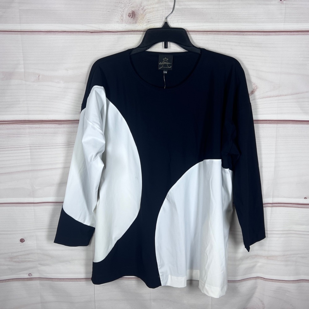 Spirithouse Top Women S/M Black White Abstract Colorblock Blouse Artsy Boxy Knit